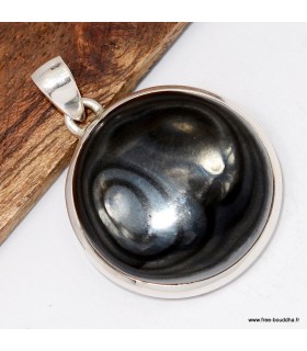 Pendentif malachite noire certifié, argent 925.
