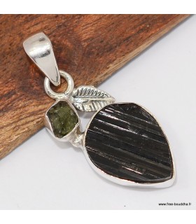 Pendentif 2 pierres Tourmaline noire + Moldavite