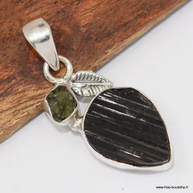Pendentif 2 pierres naturelles Tourmaline noire + Moldavite - Pendentifs pierres naturelles