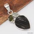 Pendentif 2 pierres naturelles Tourmaline noire + Moldavite - Pendentifs pierres naturelles
