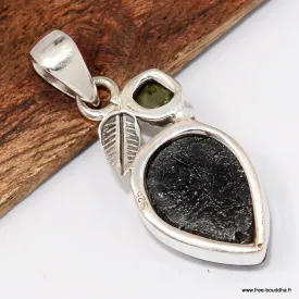 Pendentif 2 pierres naturelles Tourmaline noire + Moldavite - Pendentifs pierres naturelles