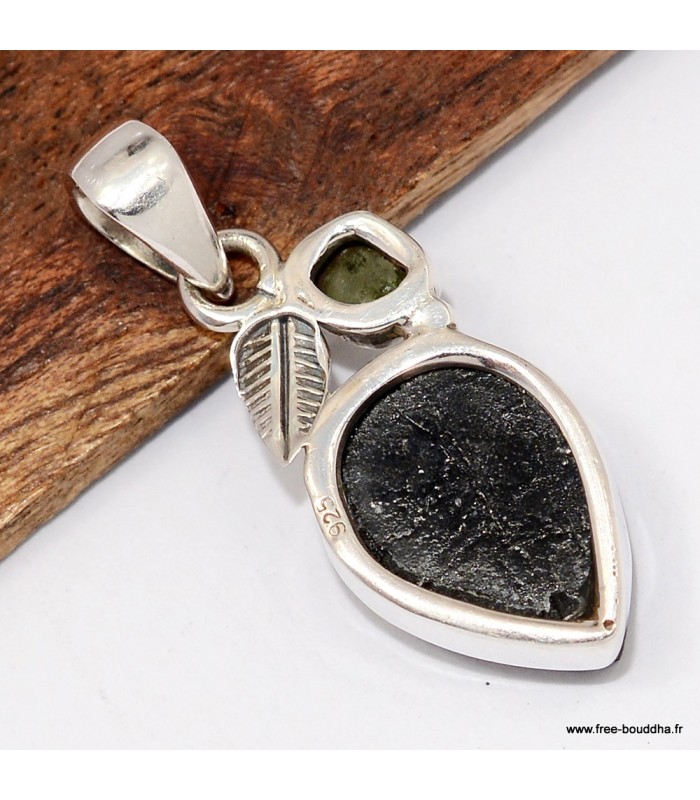 Pendentif 2 pierres naturelles Tourmaline noire + Moldavite
