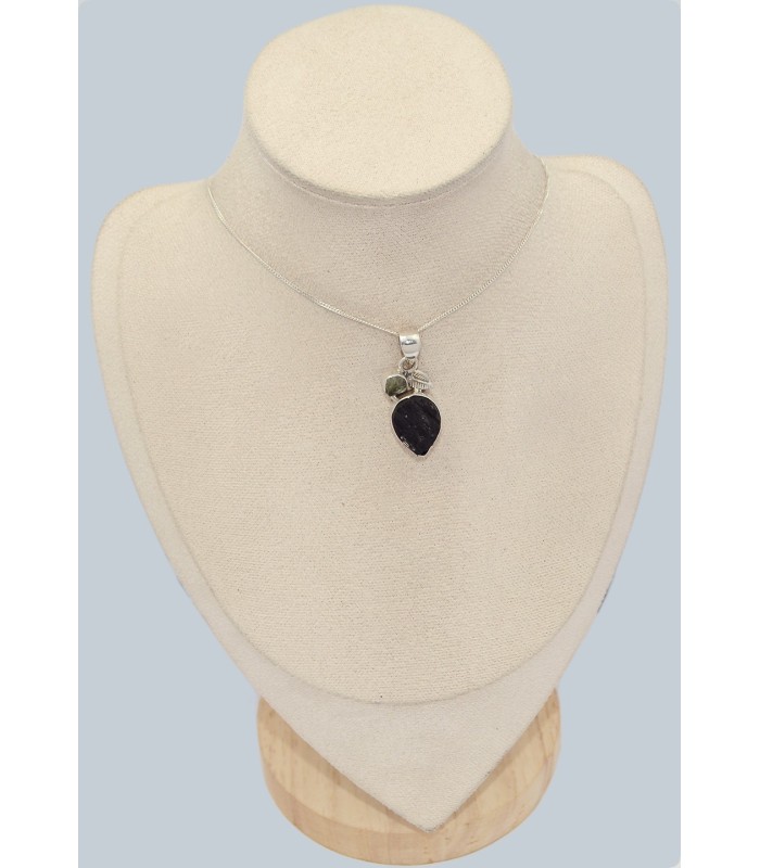Pendentif 2 pierres naturelles Tourmaline noire + Moldavite