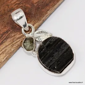 Pendentif  pierre Tourmaline noire + Moldavite - Pendentifs pierres naturelles