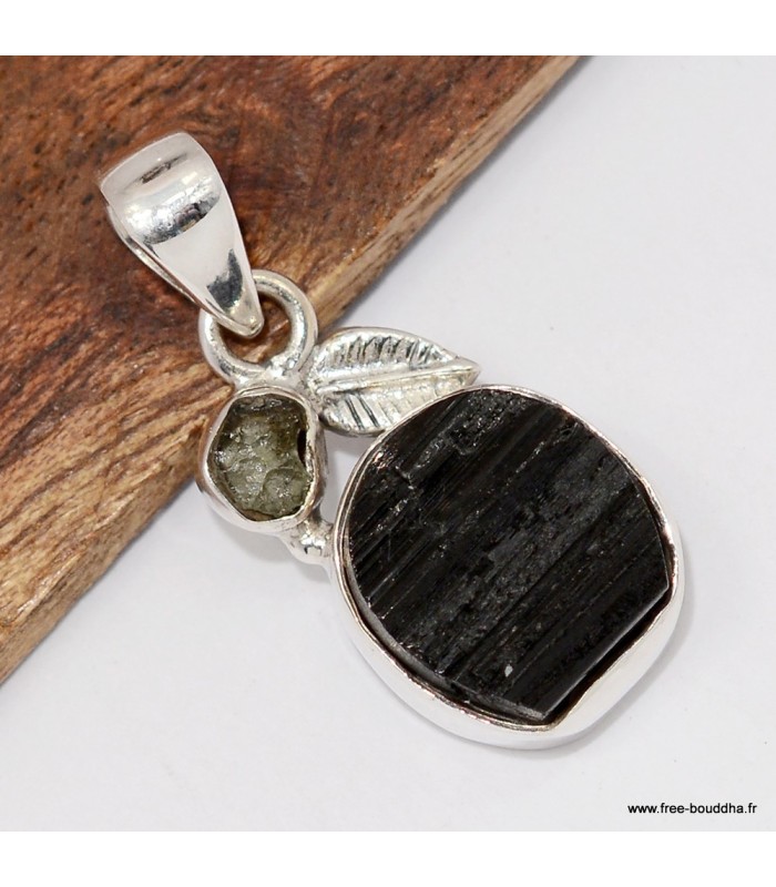 Pendentif  pierre Tourmaline noire + Moldavite