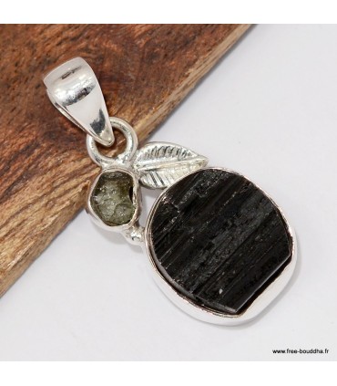 Pendentif tourmaline noire et moldavite argent 925 – bijou rare