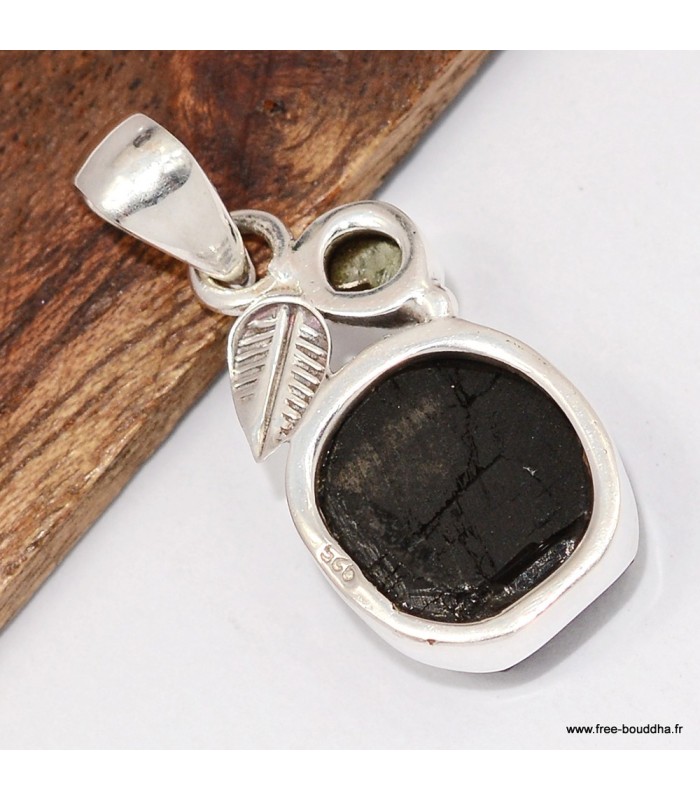 Pendentif  pierre Tourmaline noire + Moldavite