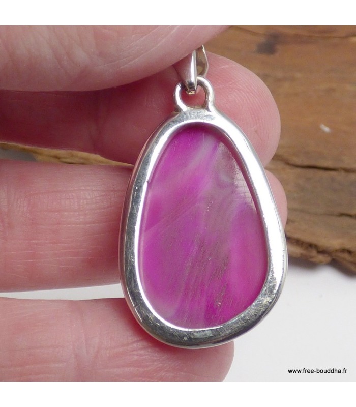 Agate rose druze – Pendentif goutte en argent 925 avec attestation