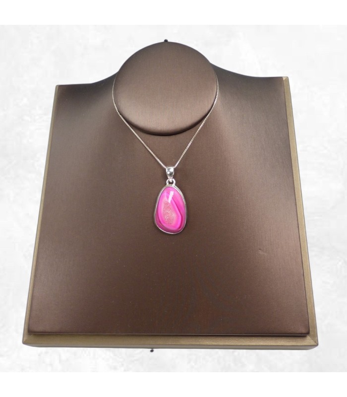 Agate rose druze – Pendentif goutte en argent 925 avec attestation