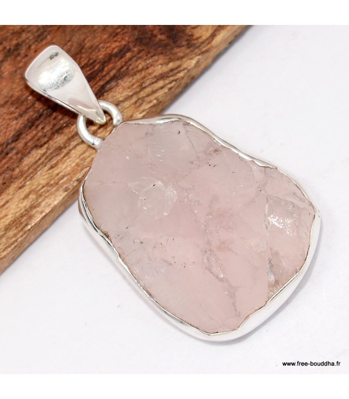 Pendentif artisanal quartz rose et argent pur