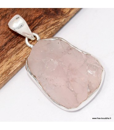 Pendentif Quartz rose brut serti clos authentique en argent 925
