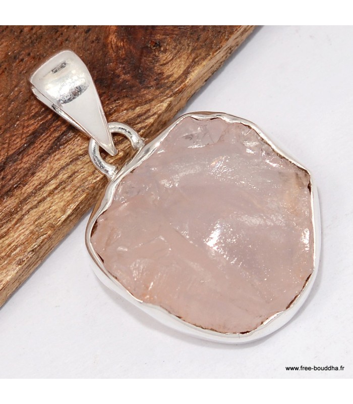 Pendentif quartz rose brut sur argent fait main