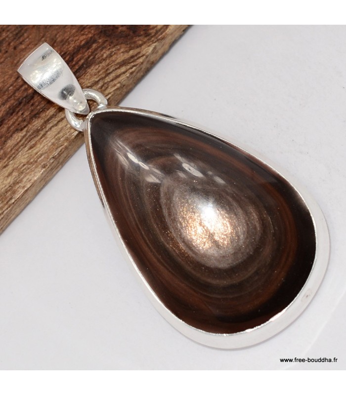 Pendentif obsidienne œil céleste bronze doré – Bijou argent