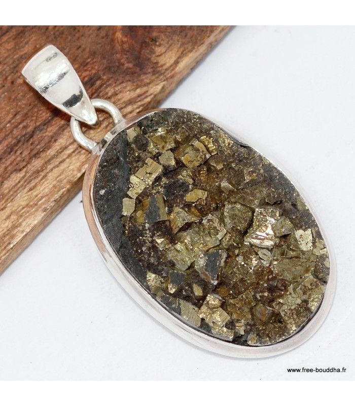 Pendentif pyrite dorée brute fragments noirs – Argent 925
