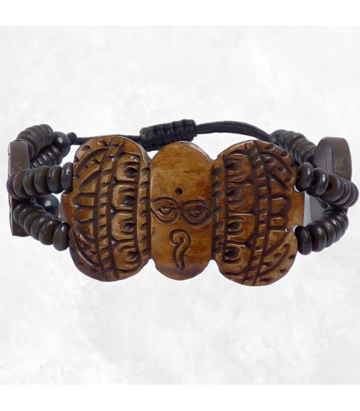 Bracelet tibétain artisanal en os de buffle sculpté main.