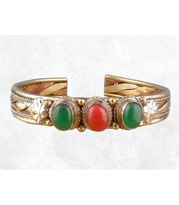Bracelet tibétain tressé cuivre laiton Corail Onyx vert