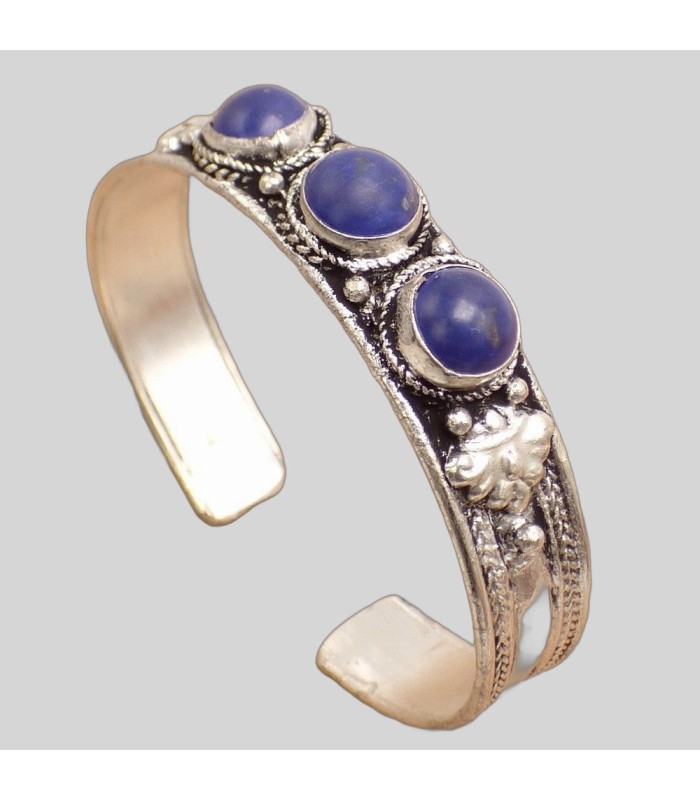 Bracelet tibétain lapis lazuli et métal blanc.