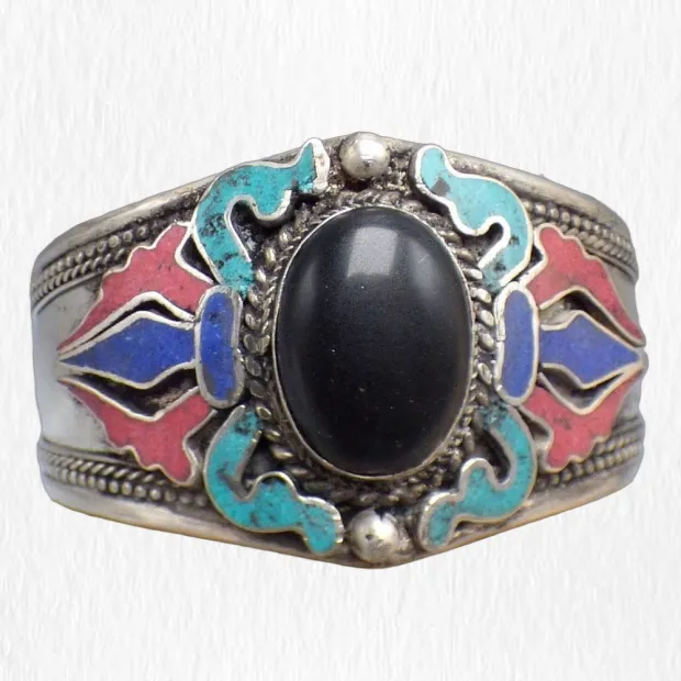 Gros Bracelet tibetain look ancien onyx noir - Bracelets tibétains bouddhistes