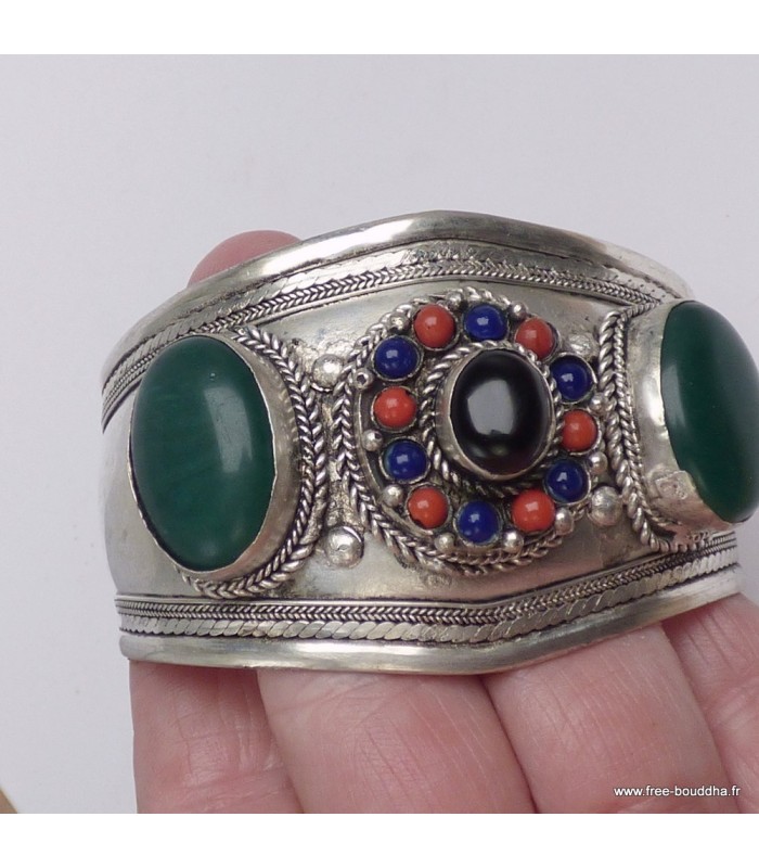Gros bracelet tibétain Onyx vert & noir – Artisanat Népal
