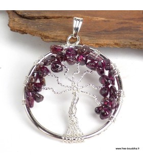 Pendentif Arbre de Vie en grenat et métal blanc, fait main.