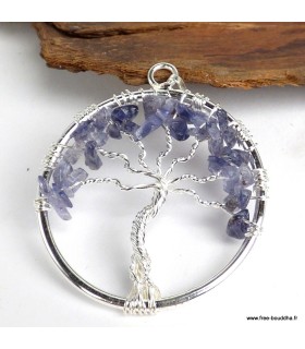Pendentif Arbre de Vie en iolite, métal blanc, fait main.