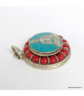 Pendentif tibetain Bouddha - Couleur turquoise et corail
