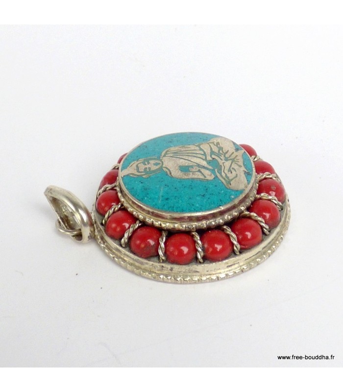 Pendentif tibetain Bouddha - Couleur turquoise et corail