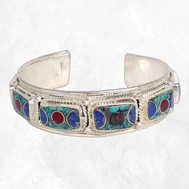 Bracelet tibétain jonc metal et pierres - Fait main - Népal - Bracelets tibétains bouddhistes