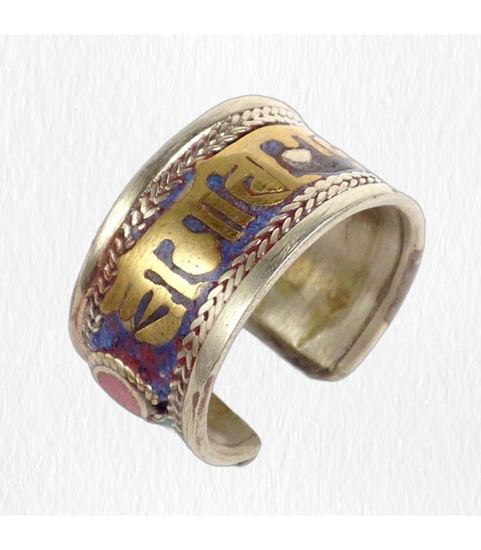 Bague tibétaine bicolore Mantra de Chenrezi, compassion et sagesse.