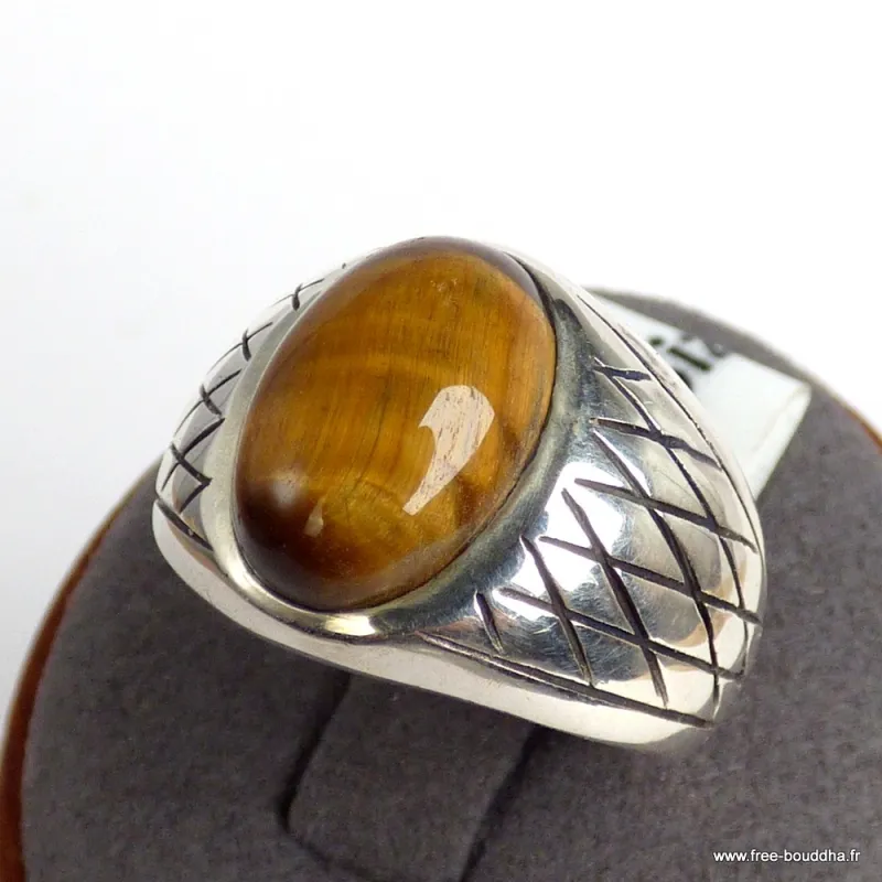 Bague Chevalière pour Homme en Oeil de Tigre argent 925 - Bagues pierres naturelles