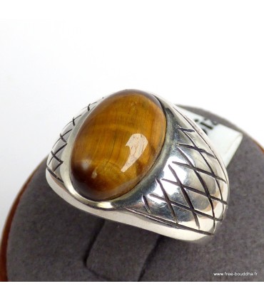 Bague Œil de Tigre naturelle taille 60 en argent 925