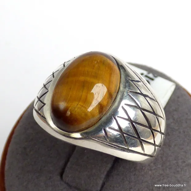 Bague Chevalière pour Homme en Oeil de Tigre argent 925 - Bagues pierres naturelles