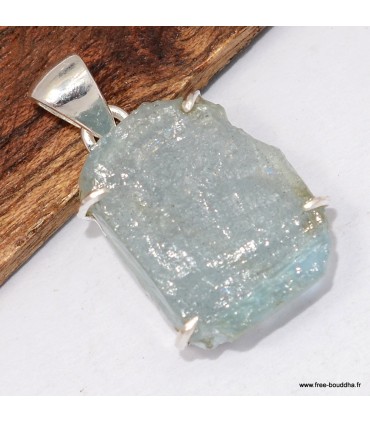 Pendentif Aigue‑marine brute argent 925 poinçonné authentique