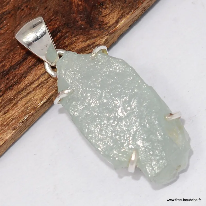 Pendentif Aigue-Marine Brute Vert pâle en Argent 925 - Bijoux en Aigue-marine