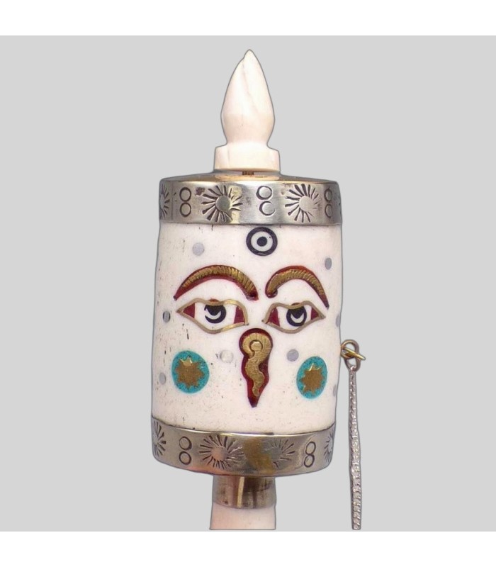 Moulin tibétain en os sculpté, 16,5 cm, prières.