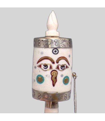 Moulin tibétain en os sculpté, 16,5 cm, prières.