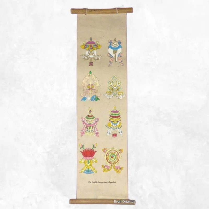 Tenture tibétaine bouddhiste lokta 8 signes auspicieux 46 cm - Tentures bouddhistes