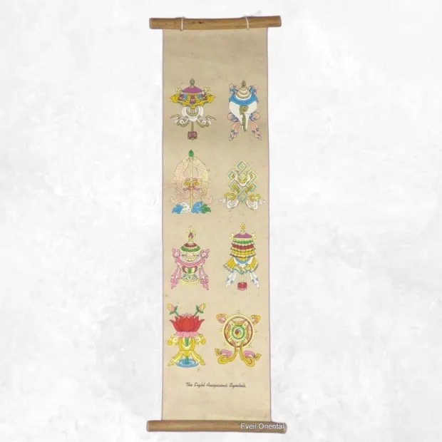 Tenture tibétaine bouddhiste lokta 8 signes auspicieux 46 cm - Tentures bouddhistes