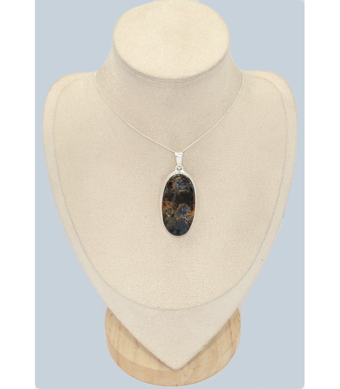 Pendentif Pietersite AAA gris fauve, argent 925 authentique Namibie