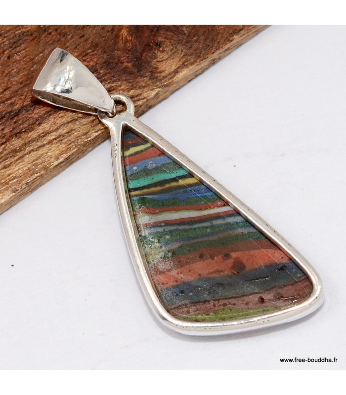 Pendentif Calcite arc‑en‑ciel Mexique forme libre argent 925