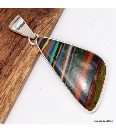 Pendentif Calcite arc‑en‑ciel Mexique forme libre argent 925