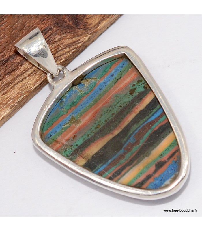 Pendentif Calcite arc‑en‑ciel semi‑ovale Mexique argent 925