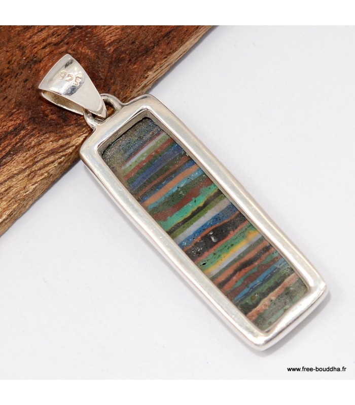 Pendentif Calcite arc-en-ciel rectangulaire, argent 925 authentique