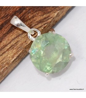 Pendentif Fluorite verte facettée serti griffes- Forme ronde - argent 925