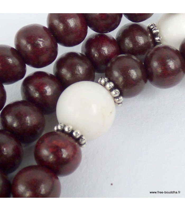 Mala tibetain Bois de Rose et Corail Blanc
