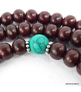 Mala tibétain Bois de rose – 108 perles avec turquoise fantaisie
