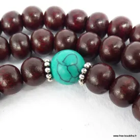 Mala tibétain bois de rose turquoise pour prières bouddhistes - Mala tibétain 108 perles