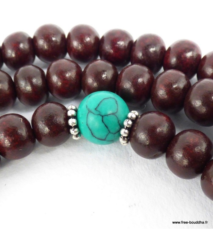 Mala tibétain bois de rose turquoise pour prières bouddhistes