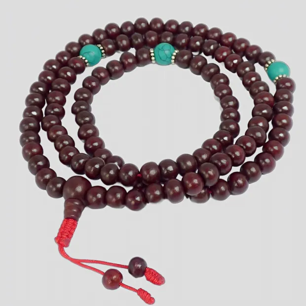Mala tibétain bois de rose turquoise pour prières bouddhistes - Mala tibétain 108 perles