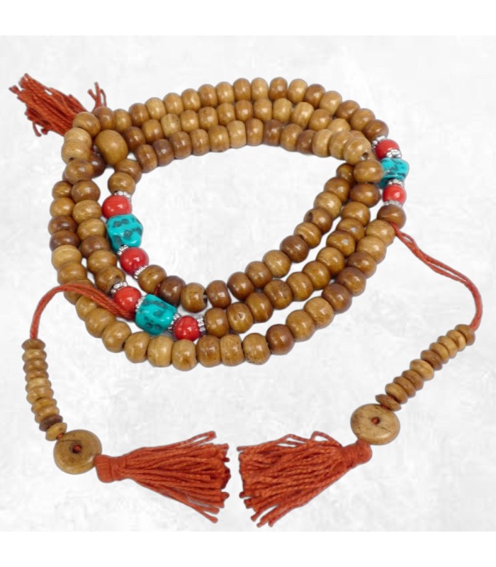 Mala tibétain en os de buffle et pierres fantaisie, 74 cm.